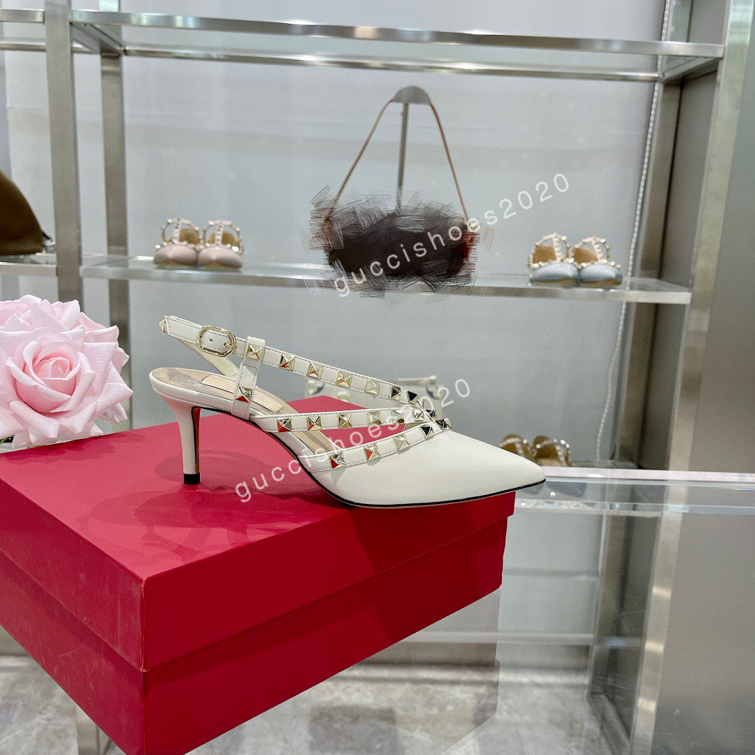 

New Luxury Stud Sandals Genuine Leather Slingback Pumps Ladies Sexy High Heels Fashion Rivets Shoe Party High Heel Designer Leather Shoes size35-42, 02