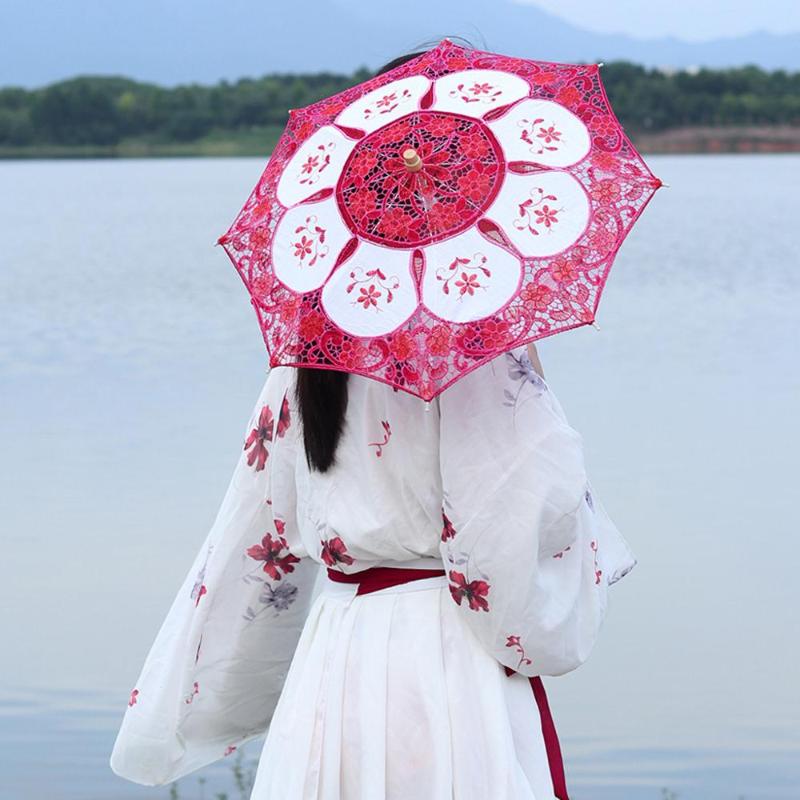

Umbrellas Fashion Sun Umbrella Silk Embroidery Bridal White Ivory Battenburg Lace Parasol Wedding Decorations Paragua CD