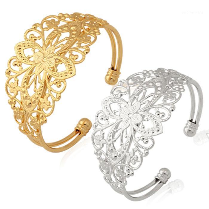 

Kpop Vintage Blossom Flowers Gold/Silver Color Cuff Bracelets High Quality Bangles Gift For Women H5156 Bangle