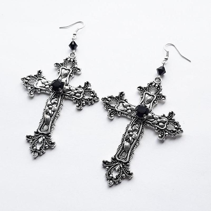 

Dangle & Chandelier Goth Large Detailed Cross Black Drill Jewel Earrings Silver Color Gothic Punk Jewellery Fashion Gorgeous Statement Women