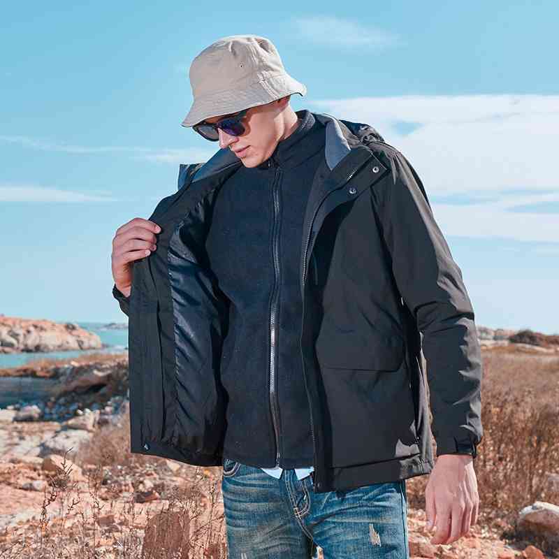 

Men's new three in one detachable couple Winter Fleece windproof jacket outdoor mountaineering suit, Male - black