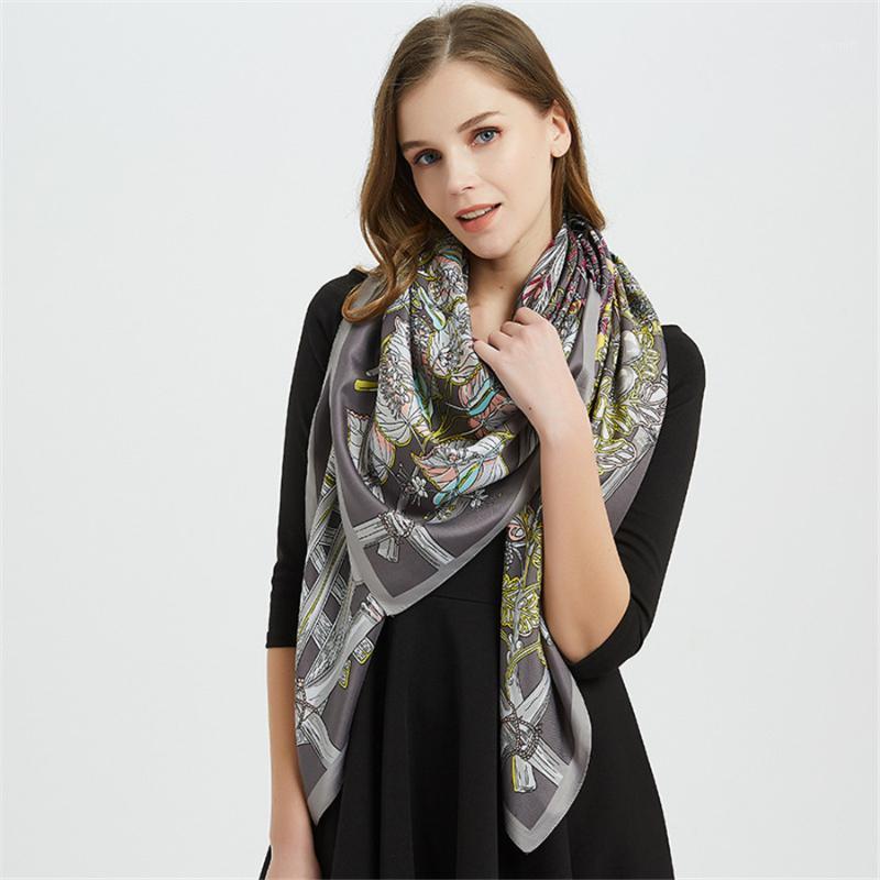 

Scarves Twill Silk Scarf Women Print Hijab Scarfs Female 130x130cm Fashion Square Shawl For Ladies, Blue;gray