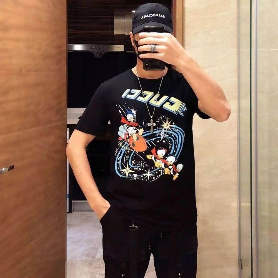 

and summer 2021 Spring New Europe and America g family Duck printed round neck cotton t-shirt men and women loose Korean Short Sleeve, White