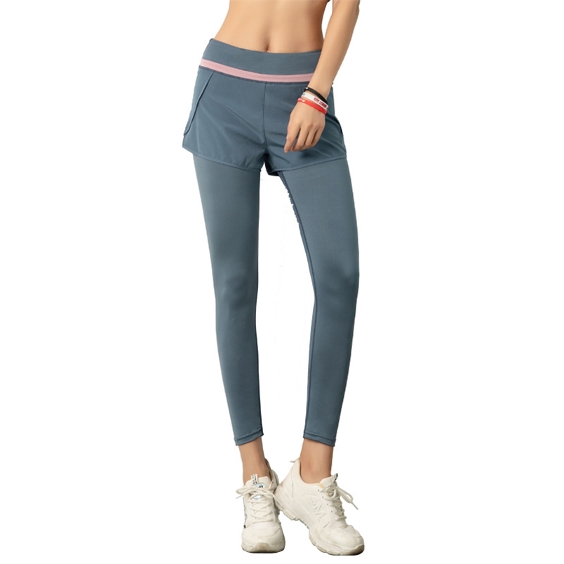 

Summer Fake Two-Piece Leggings Women High Elasticity Fitness Waist Gym Workout Push Up Hip Black 210604, Purple