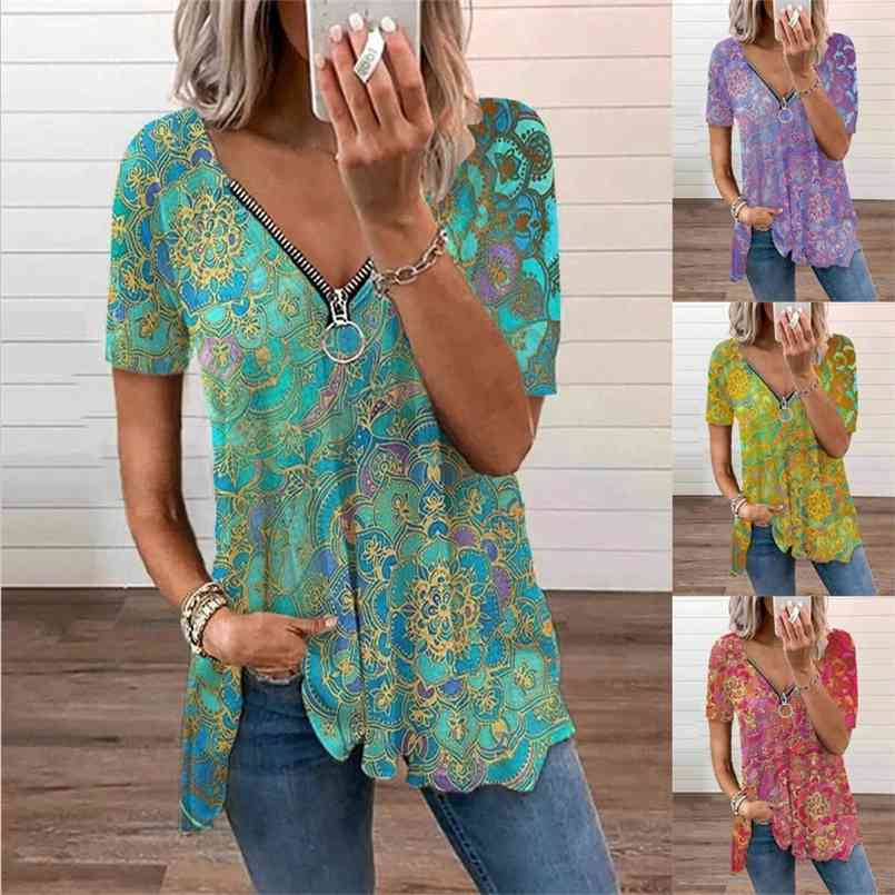 

Summer Retro Print V Neck Tshirt Loose Zipper Short Sleeve T-shirt Female Casual Plus Size Shirt Fashion Women' Tops 210708, Green