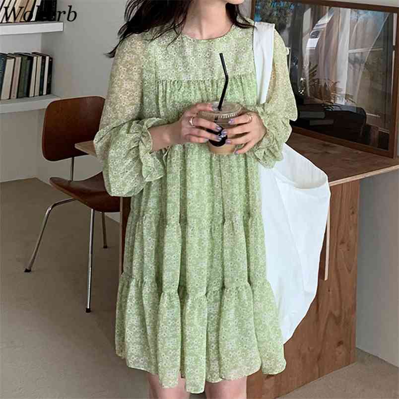 

Women Dress Korean Chic Gentle Chiffon Floral Dresses Pleated Sweet Robe O Neck Loose Waist Flared Sleeve Vestidos Mujer 210519, Black