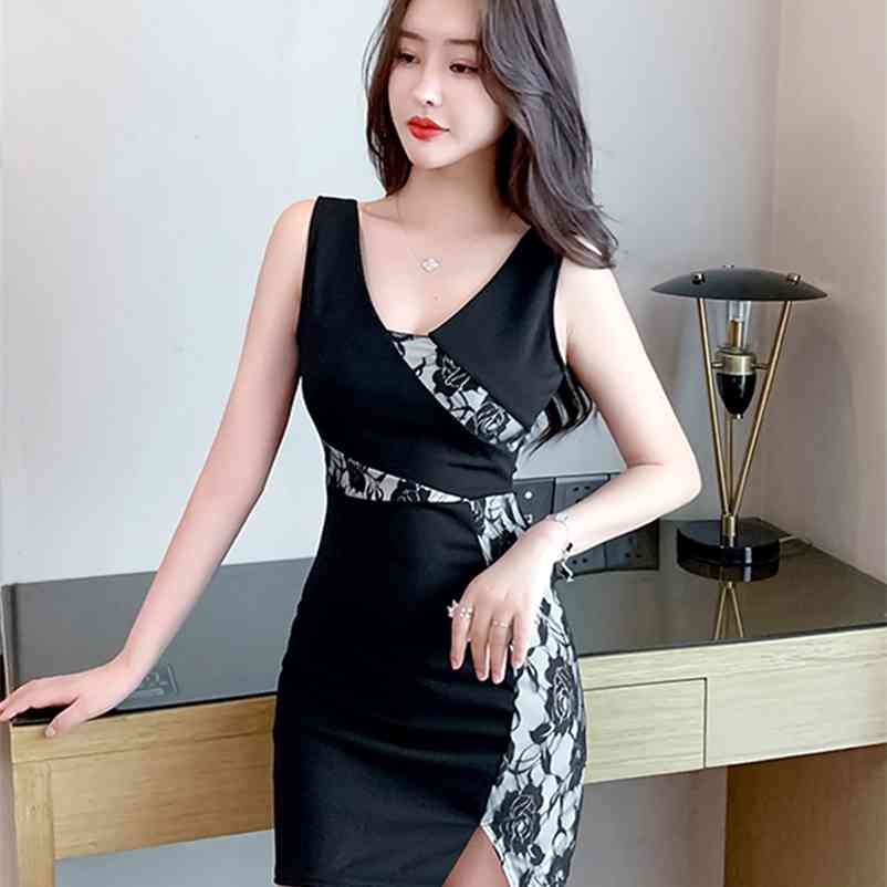 

LDYRWQY V-neck low-cut sexy stitching slim dress Office Lady Polyester summer fashion temperament 210603, Black