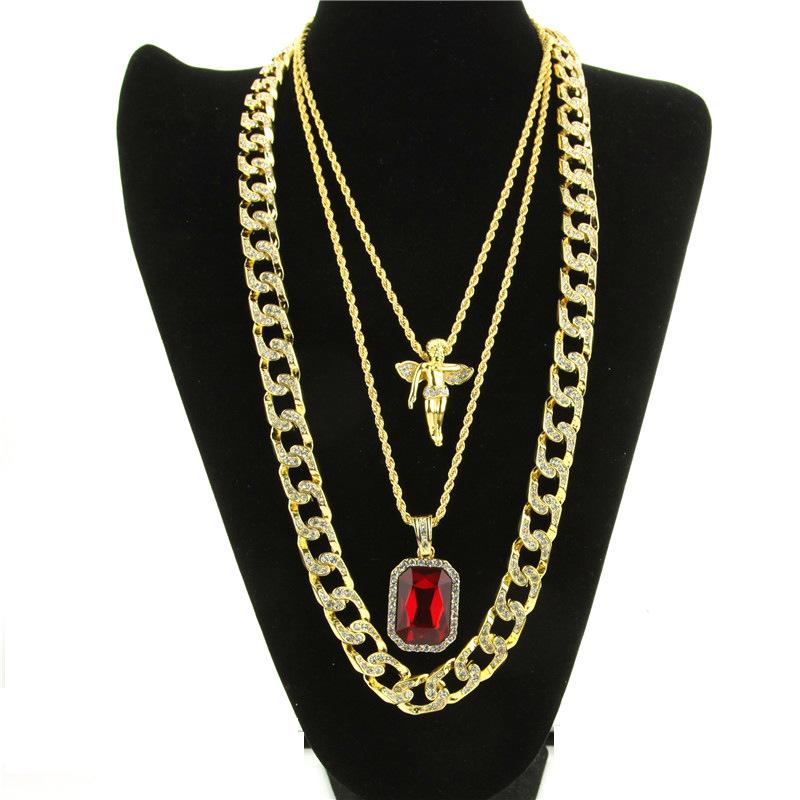 

Mens Hip Hop Necklace Ruby Pendant Necklaces Fashion Cuban Link Chain Jewelry 3Pcs/Set, Silver