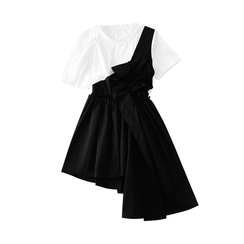 

Girl's Dresses Girls Fashionable Clothes Teenage Children Summer Short Sleeve Patchwork Ruched Asymmetrical Dress Kids 4 5 7 9 11 13-17Y, White