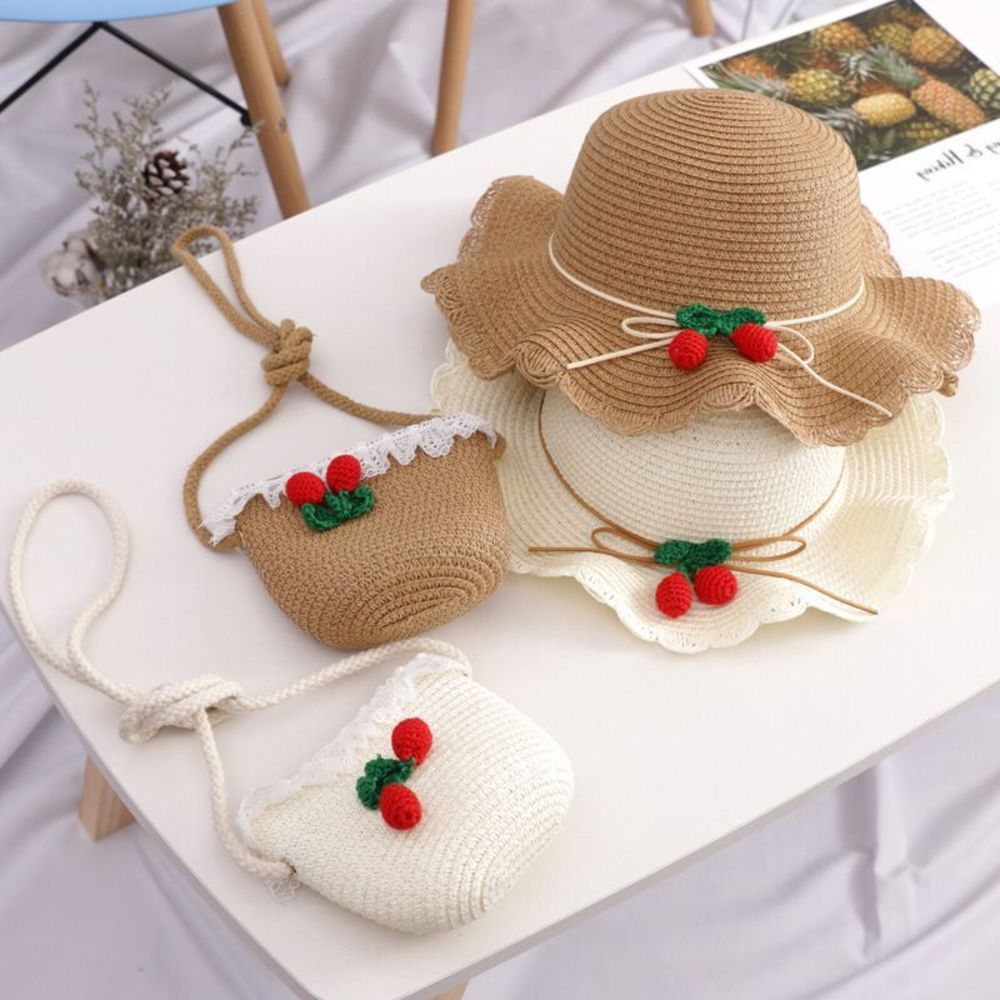 

Sun hat for children Lovely wave edge children's straw summer girls travel versatile Beach sun Hat bag set, Yellow
