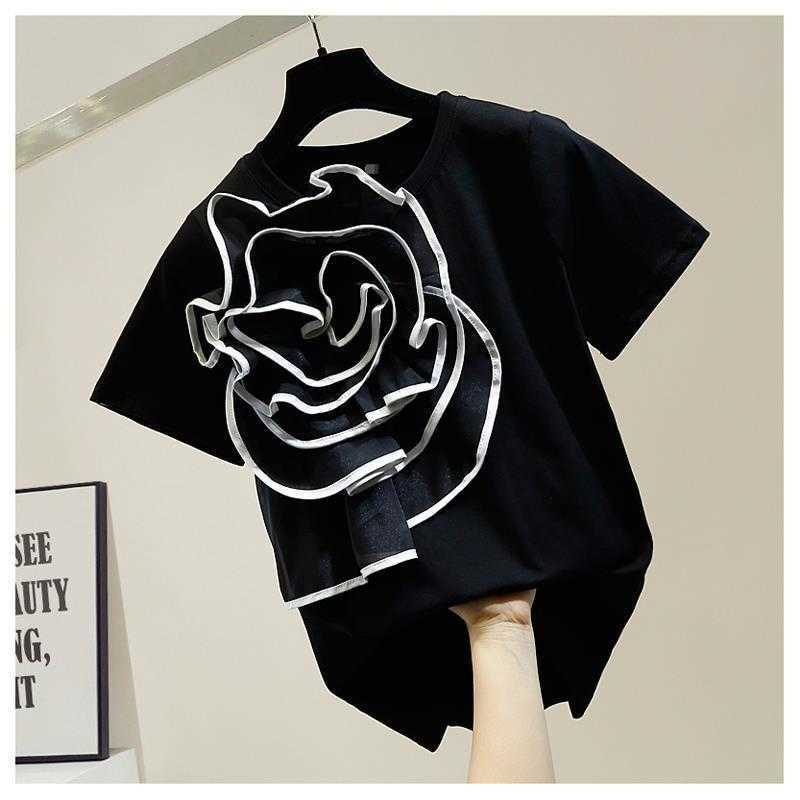 

Summer Simple Line Appliques Short Sleeve O Neck T-shirt Women's Fashion Top 210615, Black