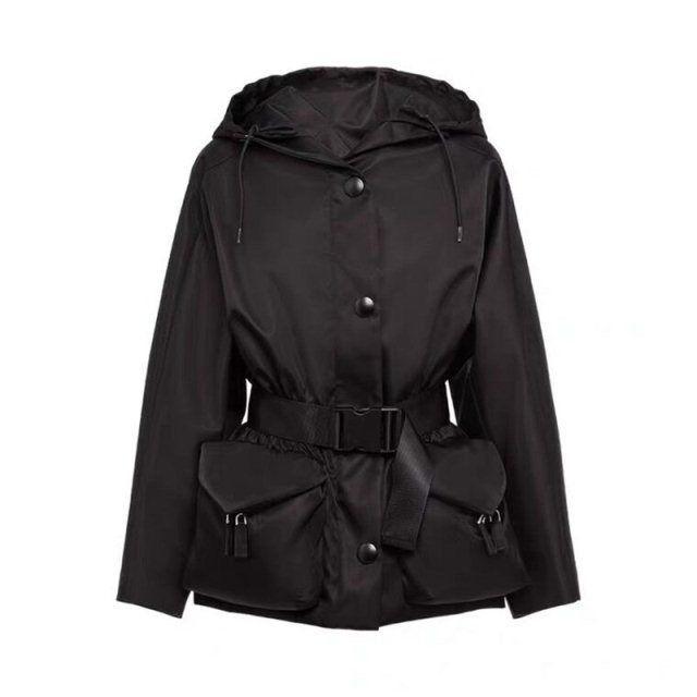 

Women Jacket Hoodie Autumn Spring Style Slim For Lady Jackets Outwear Terry Quality Coat Windbreaker With Belt Bag Button Classical Clothing S, Black;brown