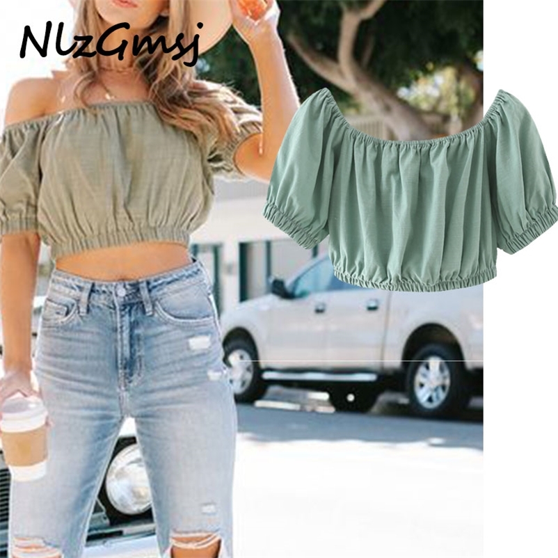 

Blouse Women Vintage Solid Sexy Off Shoulder Top Color Cotton Short-Sleeved Short Streetwear 04 210628, As picture