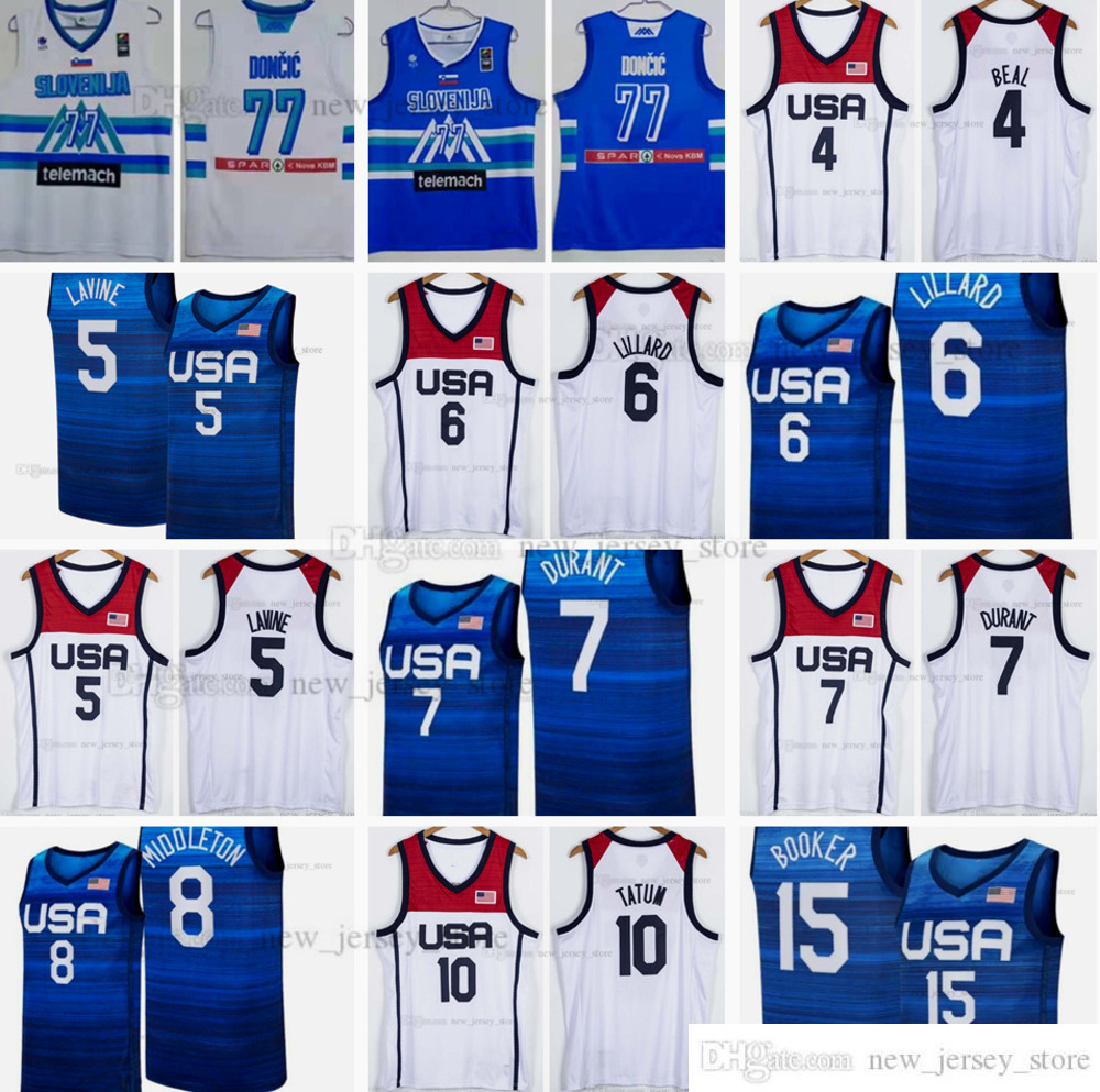 

2021 SummerOlympics Basketball Jerseys Doncic 77 Luka Bradley Zach Beal LaVine Damian Kevin Lillard Durant Khris Jayson Middleton Tatum Devin Green Booker, As picture