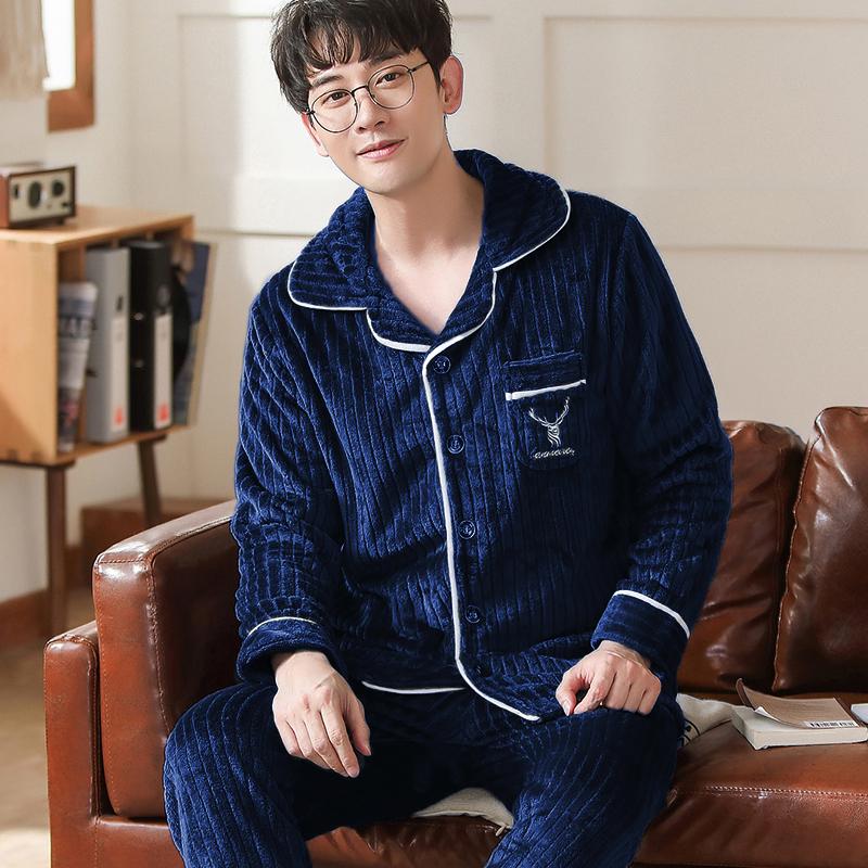 

Men's Sleepwear 2021 Autumn Winter Men Pajamas Long Sleeve Male Set Flannel For Suit Homewear Pyjamas Pijama, Black;brown