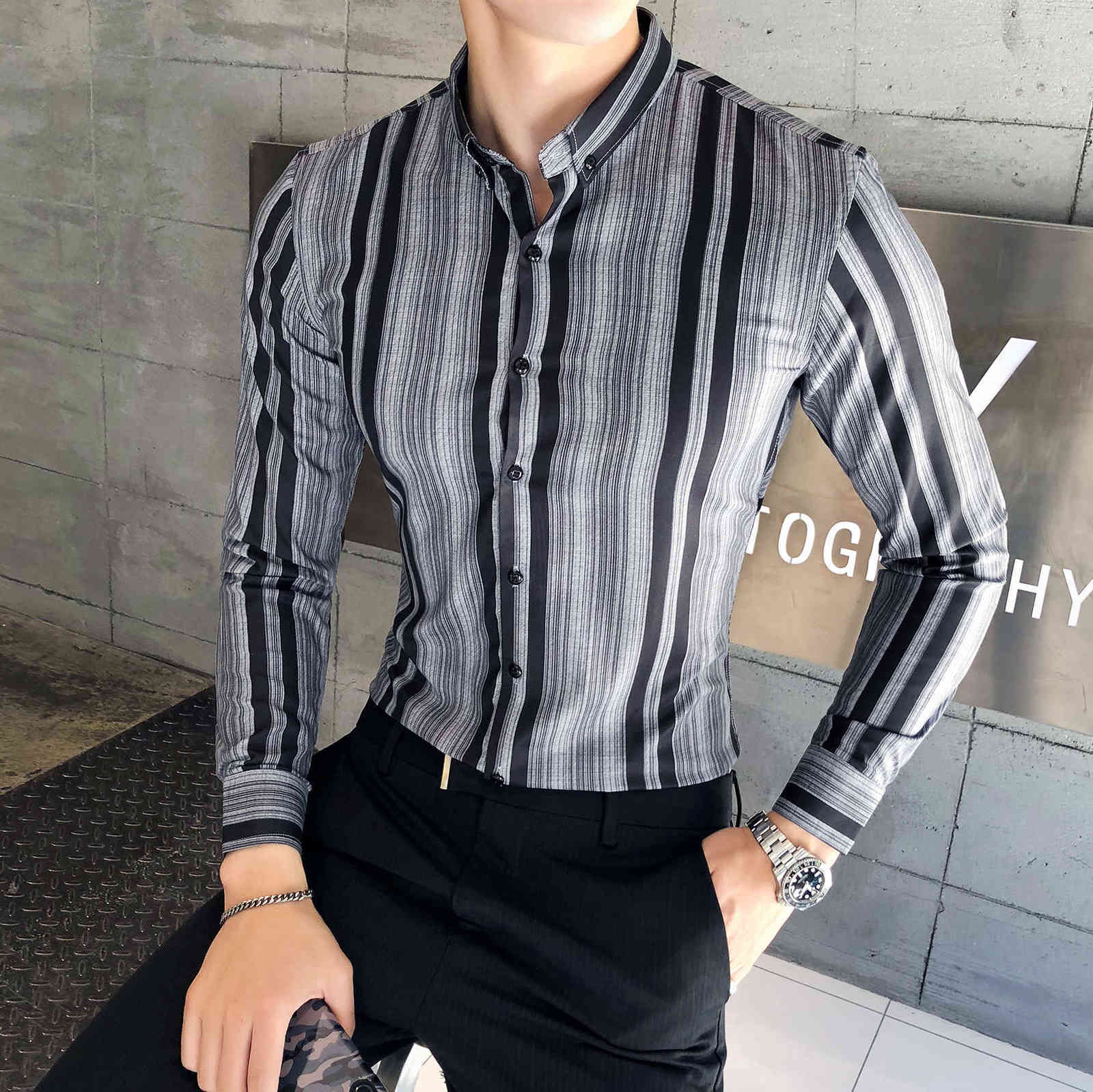 

High Quality Casual Striped Shirt Men Business Dress Long Sleeve Shirts Slim Fit Streetwear Clothes Camisa Social Masculina 210527, Black