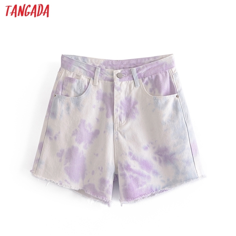 

Tangada Women Vintage Tie Dyed Print Denim Shorts Zipper Pockets Female Retro Casual Shorts Pantalones 3W72 210611, Lavender