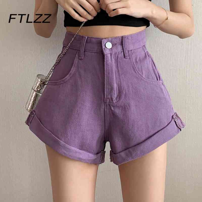 

Women Streetwear Baggy Jeans Shorts Summer Korean High Waist Button Up Purple Denim Woman Casual Wide Leg Pants 210602