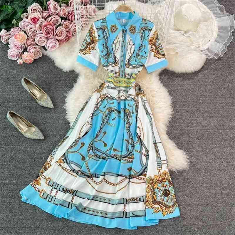 

Light luxury ladies lapel dress summer style retro print waist thin and large swing long skirt 210525, Blue