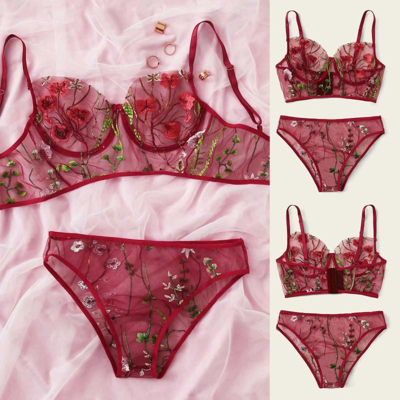 

Bras Sets Women's Underwear Bra Sexy Fashion G-string Thong Sleepwear Lingerie Flower Lace Bielizna Damska Exotic Costumes#D, Red;black