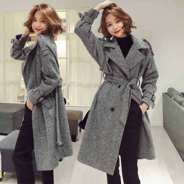 

Korean Houndstooth Long Wool Coat Elegant Women Double-breasted Lapel Collar Sashes Pocket Plaid Loose Thick Woolen Outerwear 210518, Picture color