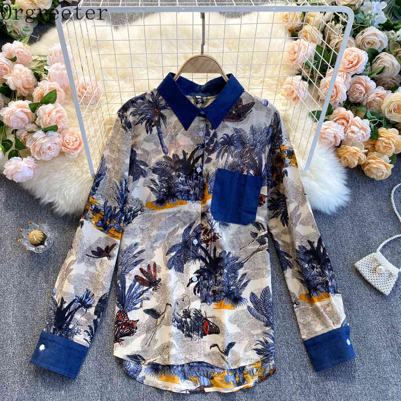 

Retro Women' Stitching Denim Printted Long Sleeve Shirt Lapel Single-breasted Plus Size OL Work Wear 210525, Blue