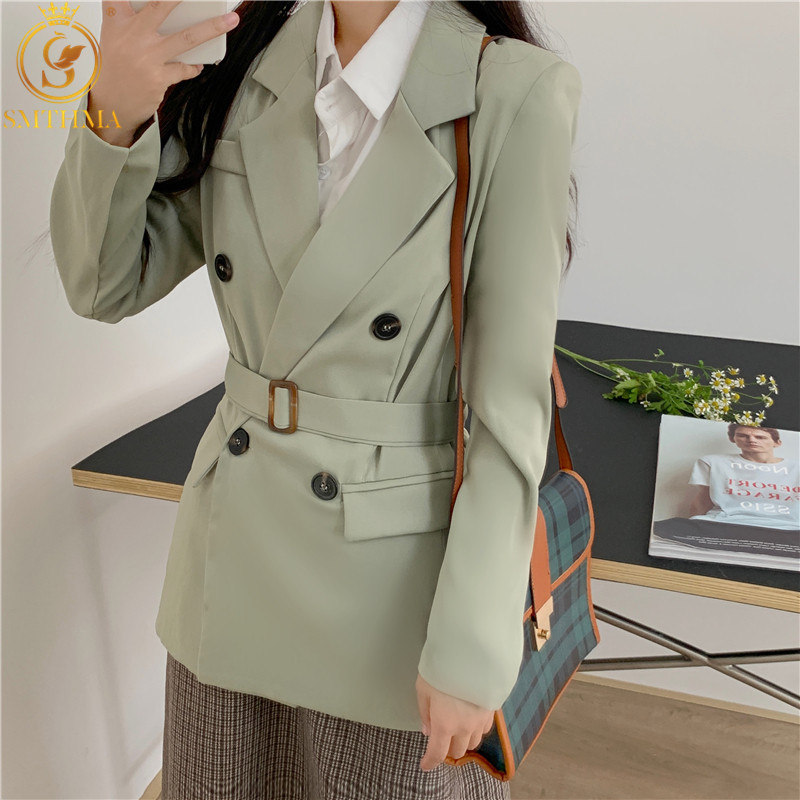 

Office Ladies Notched Collar Women Tie Up Double Breasted Autumn Jacket Casual Pockets Female Suits Coat 210520, Photo color