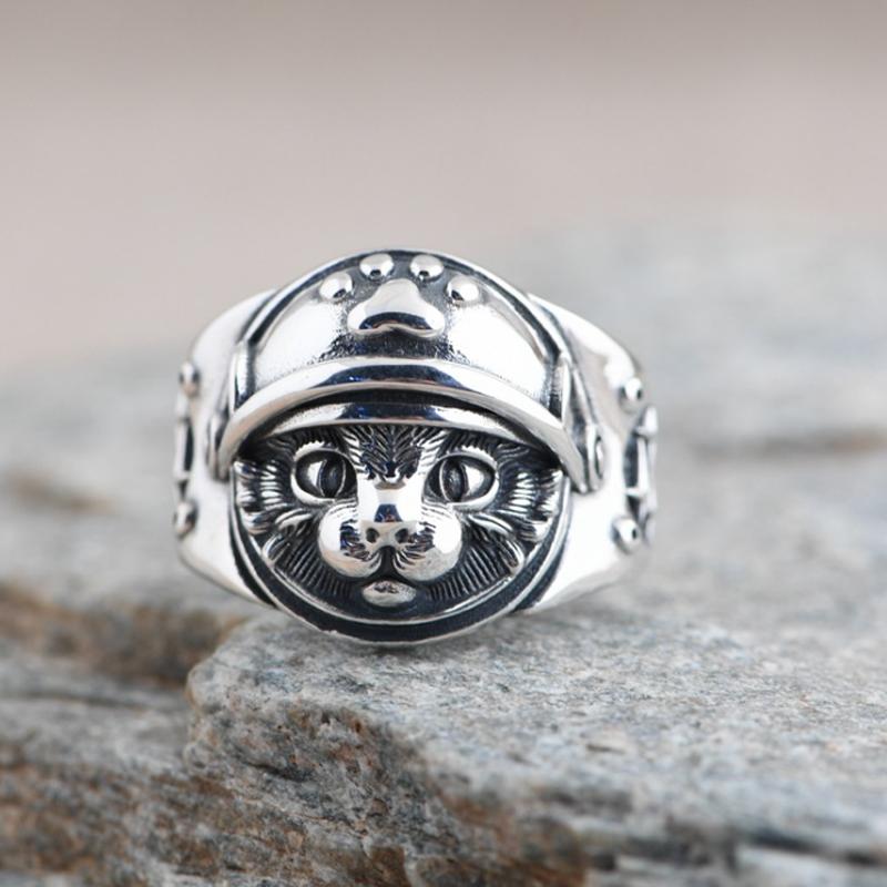 

Cluster Rings 925 STERLING SILVER Cat Men Men's Punk Biker Ring Jewelry A5915