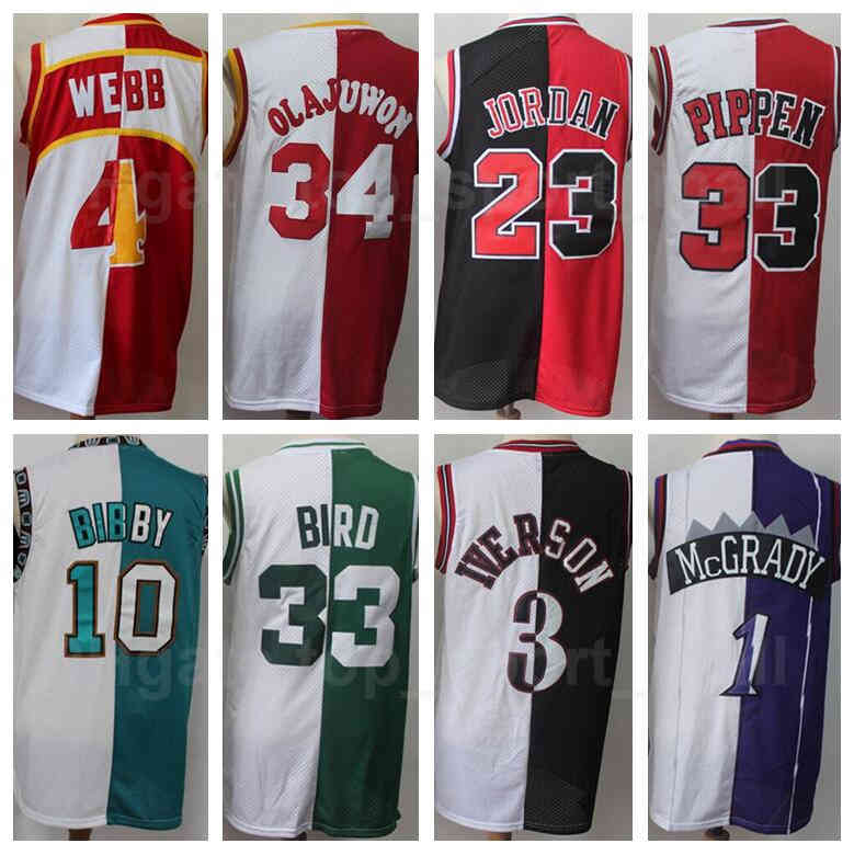 

Split Two Colors Basketball Jerseys Allen Iverson Pippen Hakeem Olajuwon Tracy McGrady Vince Carter Larry Bird Red Black, Black;red
