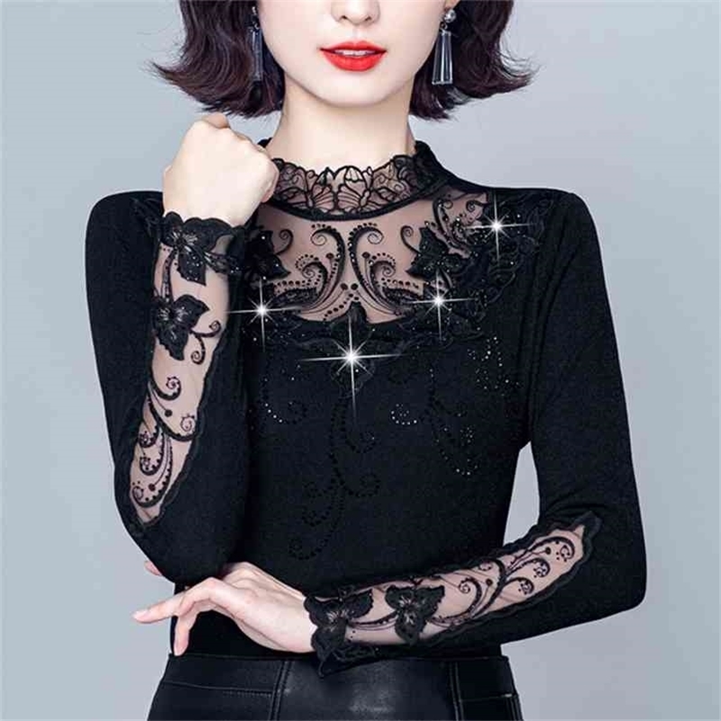 

M-4XL fashion lace tops Plus size Women bottoming shirt Long-sleeved Black T-shirt 210517