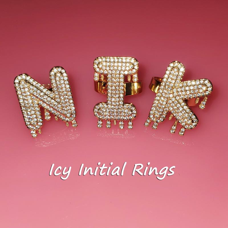 

Cluster Rings Grandbling Drip Letters Adjustable Size Customized Name Ring Zirconia With Copper Hip Hop Jewelry For Women And Men, Golden;silver