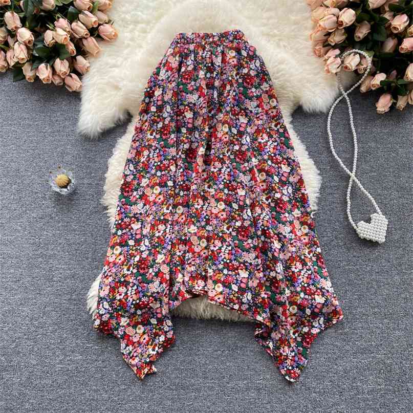 

Floral Print Long Skirt Summer Women' Elastic Waist A-line Irregular Maxi Bohemian Beach Korean Female  210603, Blue