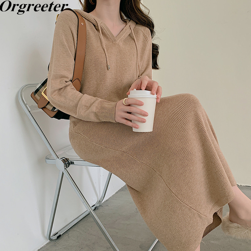 

Fall Winter Women Dresses Hooded Korean Knitting Super Elastic Elegant Vintage Lady Long Vestidos 210525, Yellow