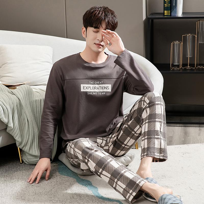 

Men's Sleepwear Men Pajamas Set Long Sleeve Pants 100%Cotton For Boy Leisure Mens Plus Size -4XL Pijamas Fashion Homesuits, Black;brown