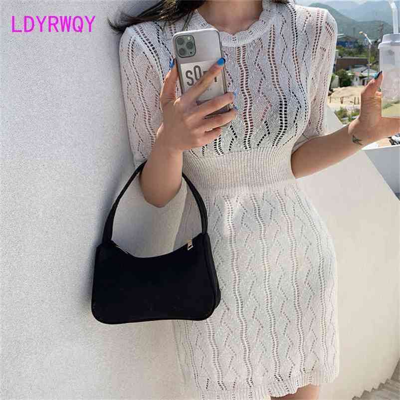 

LDYRWQY summer Korean style round neck hollow slim sexy fashion dress Office Lady Polyester 210603, White