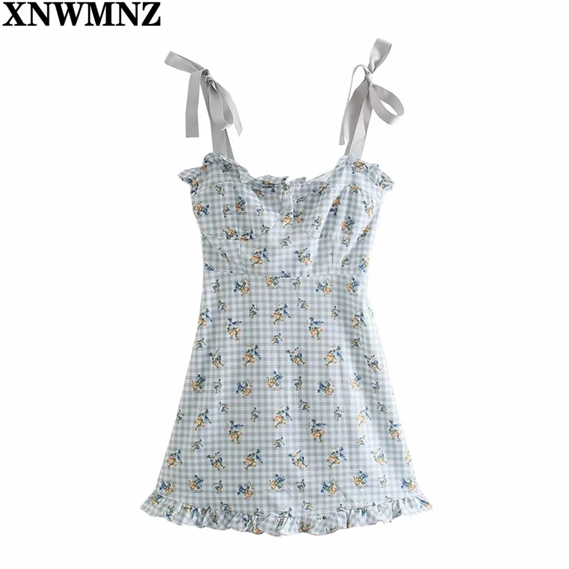 

summer women's dress Woman Plaid Mini Dress Sleeveless V-Neck Floral Printed Folds Draped Bow Thin Straps Dresses 210520, Sky blue