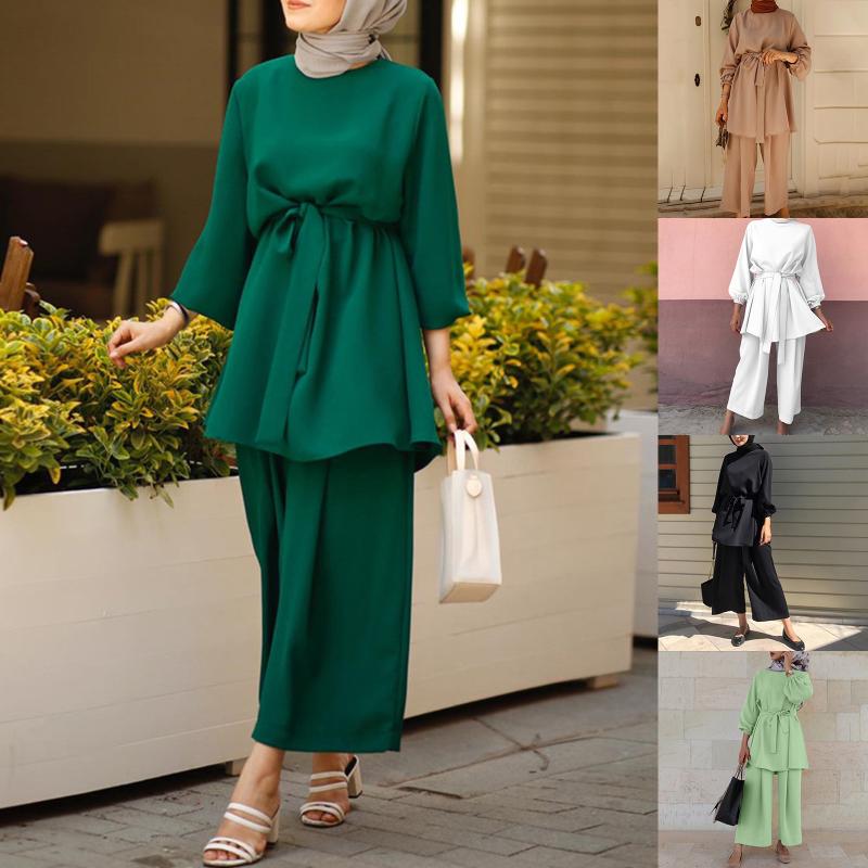 

Women's Tracksuits Kimono Pants Set Summer Women Outfits Tunic Long Sleeve Belted Tops Wide Leg Loose Muslim Dubai, Gn-xl