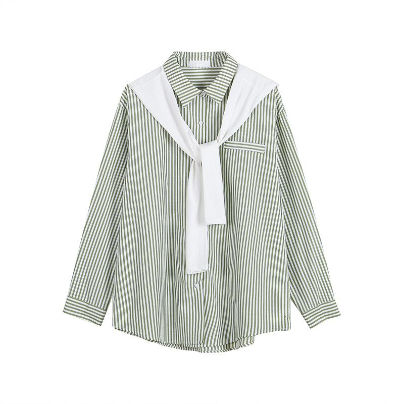 

Women's Blouses & Shirts Striped For Women Temperament Shrug Loose Casual 2ps Set Elegant Office Lady Fashion All-match Female Tops, Blue with shrug