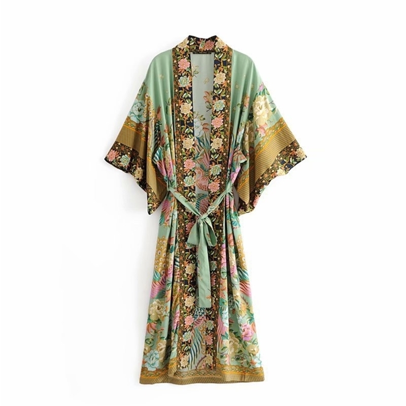 

Fitshinling Print Floral Beach Kimono Sashes Slim Long Cardigan Female Autumn Cotton Sexy Vintage Cover-Up Bohemian 210730