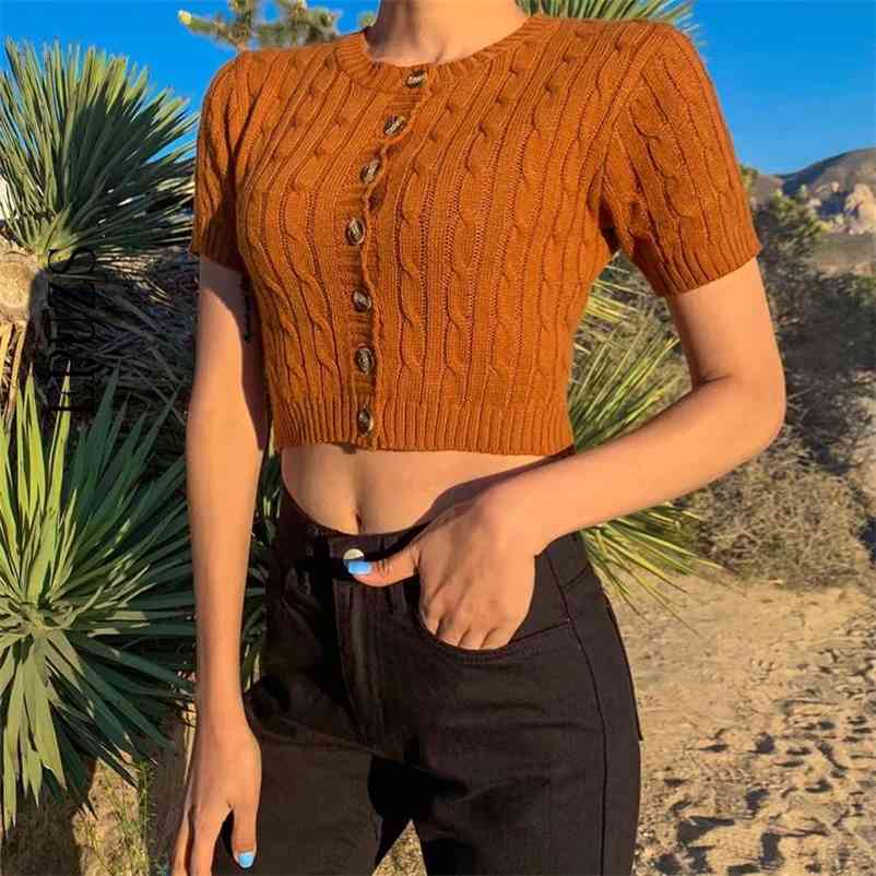 

vintage green knitted t shirt women sexy crop top streetwear button short sleeve tshirt korean clothes 210521, Black