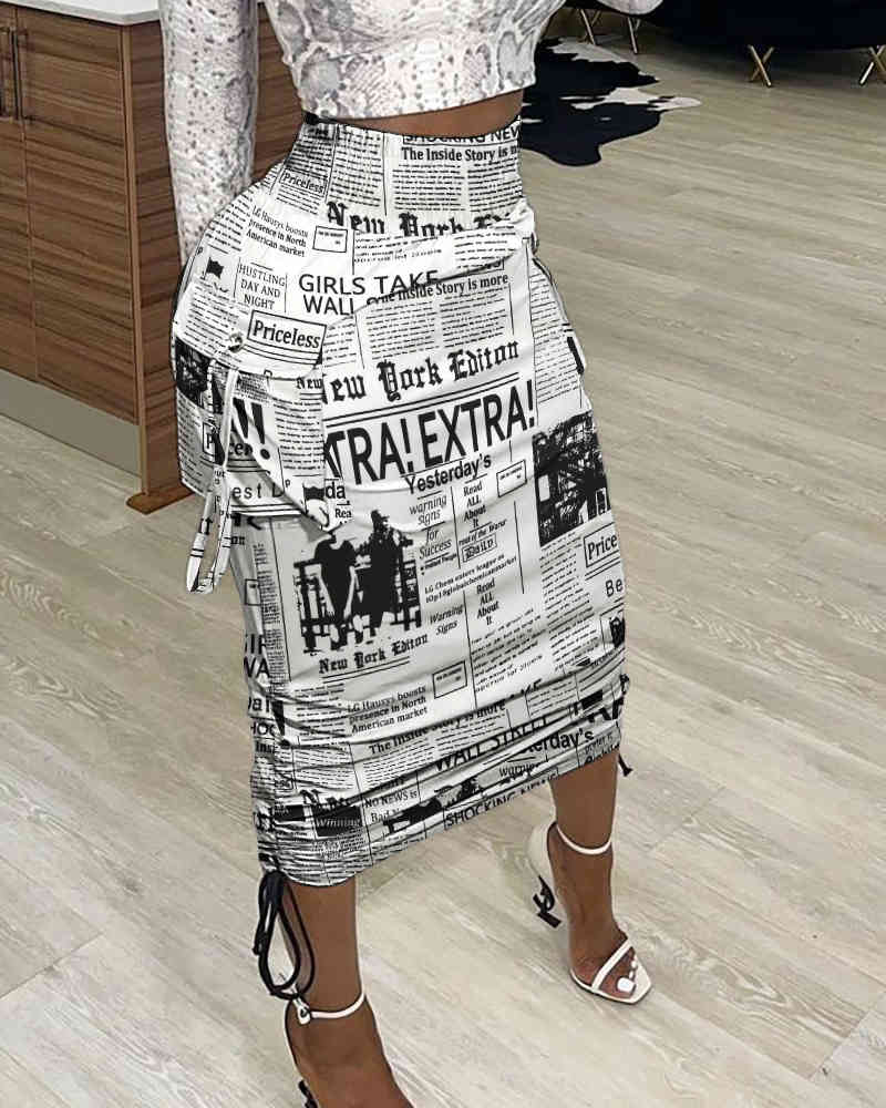 

Winter Sexy Women' Newspaper Print Drawstring Ruched Maxi Skirt Ladies Wrap Tight High Waist Wearing No Underwear 210415, White
