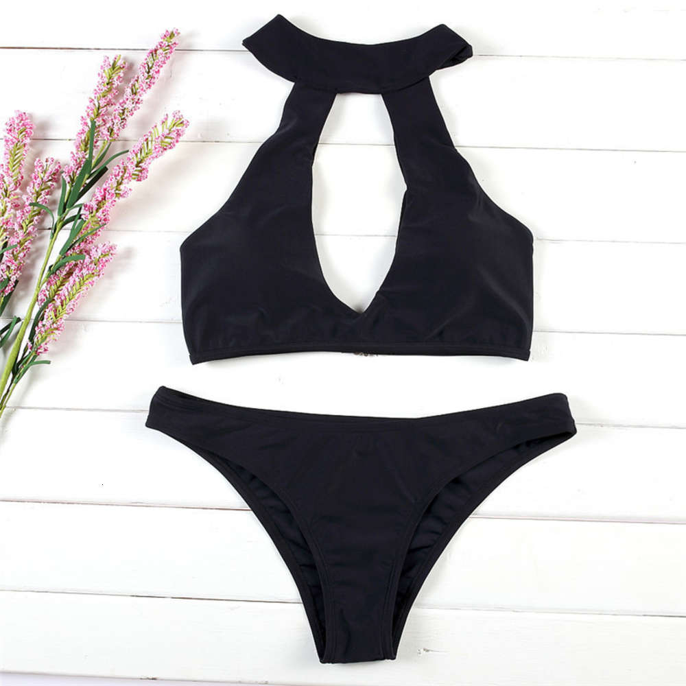 Bikini Split High Waist Round Neck Cut Out Swimsuit Women's triangl swimwear-image-692534345