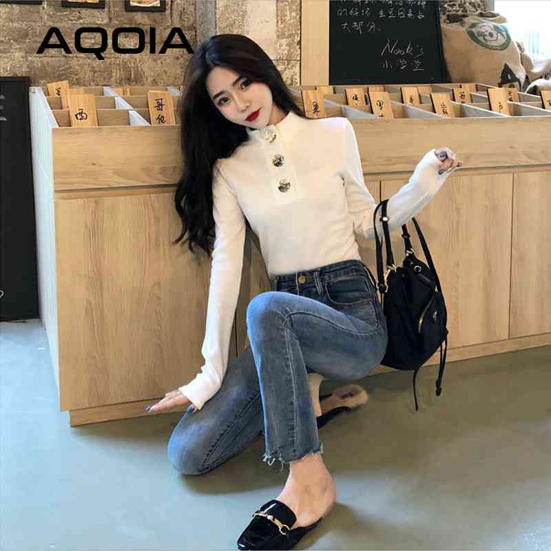 

Winter Korean Style Solid Button Slim Women's Sweaters Long Sleeve Turtleneck Elasticity Sweater Women INS Female Pullover 210521, Sku