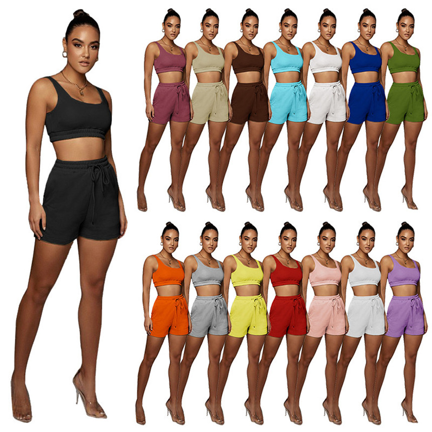 

2XL Women casual Tracksuits solid color Sweatsuits sexy Two piece pants sports jogger suit sleeveless tank top+shorts summer outfits 5175, Blue