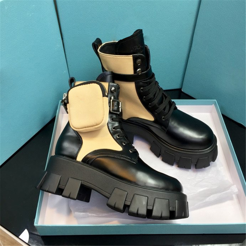 

2021 Designer Woman Fashion Monolith Boots Leather and Nylon Fabric Booties Women Ankle Biker Australia Platform Heels Winter Sneakers