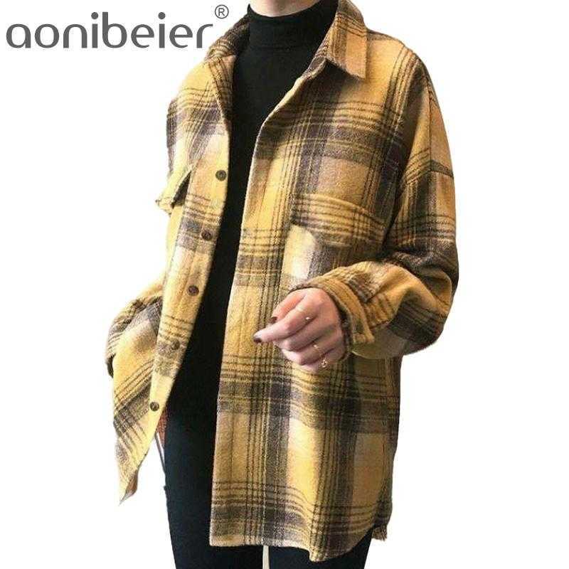 

Female Spring Street Blouse Shirts Vintage Oversized Plaid Flannel Boyfriend Tunic Shirt for Women Casual Korean Tops 210604, 1-khaki