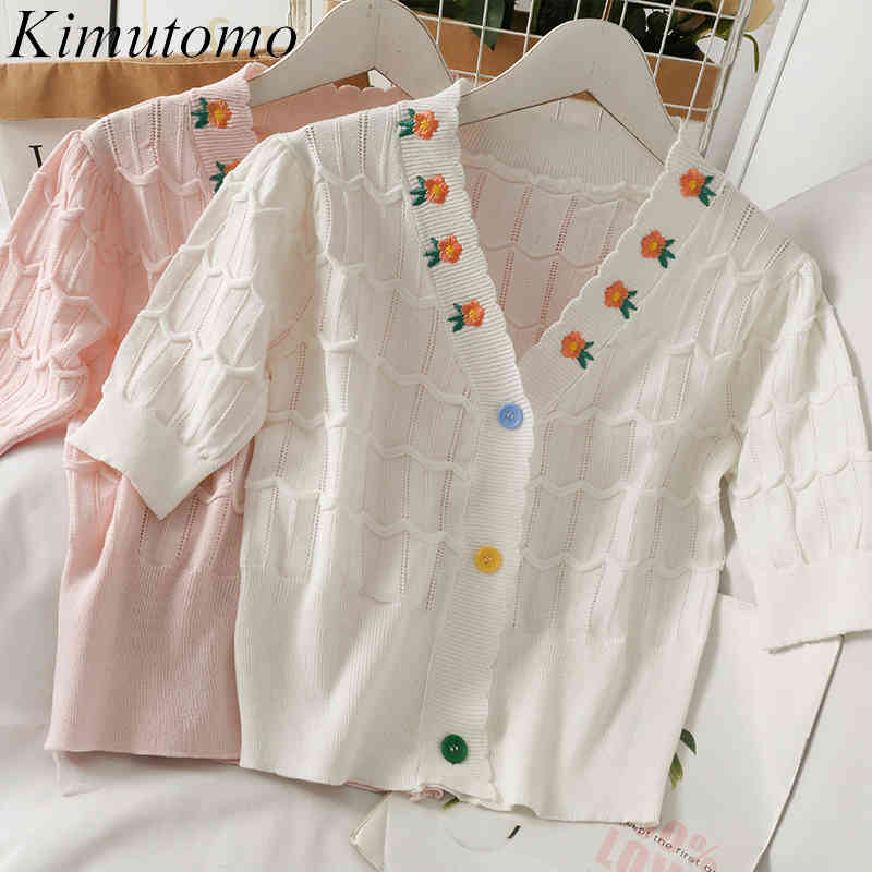 

Kimutomo Wave Striped Knitted Blouse Thin Women Summer Floral Embroidery V-neck Single Breasted Short Chic Shirt Elegant 210521, White
