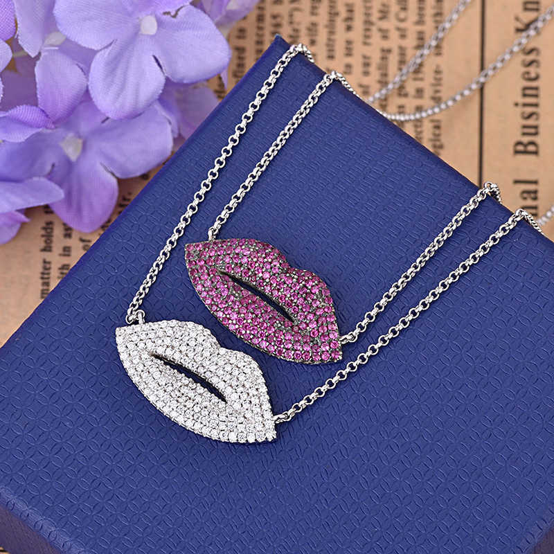 

New Style Red Lips Fashion Adjustable Chain Sparkle Crystal Jewelry Mouth Necklace Pendant Choker Jewelry 2020 Zk30 X0707