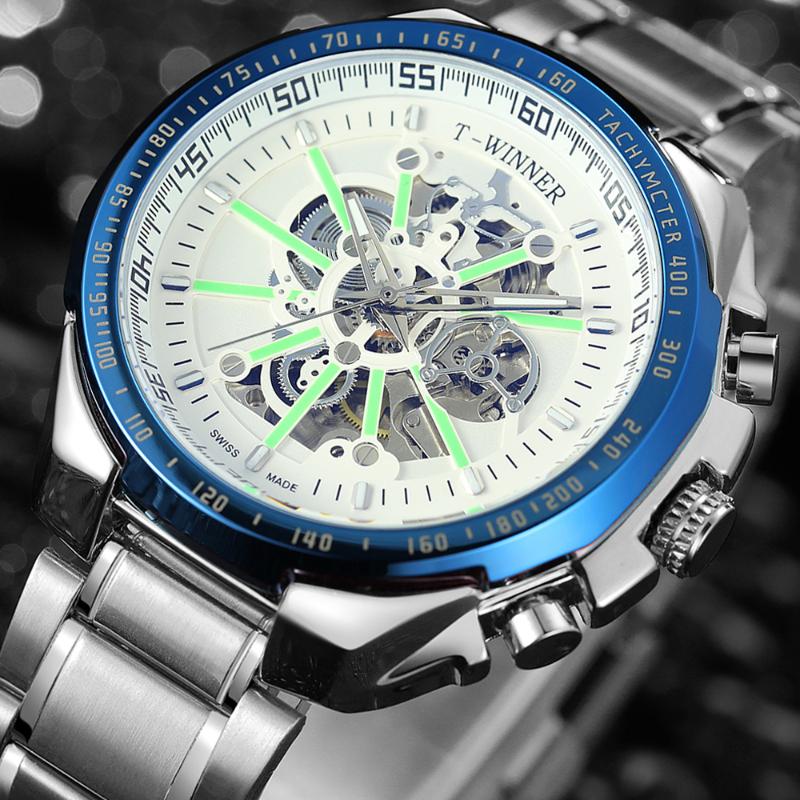 

Reloj Hombre WINNER Luxury Top Brand Silver Stainless Steel Fashion Mens Automatic Watch Waterproof Sports Mechanical Wristwatch Wristwatche, Black blue