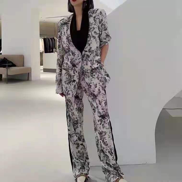 

402 2021 Runway Spring Summer Brand SAme Style Two Pieces Sets Lapel Neck Long Sleeve Womens Clothes High Quality Womens Long Pants FALUO, White